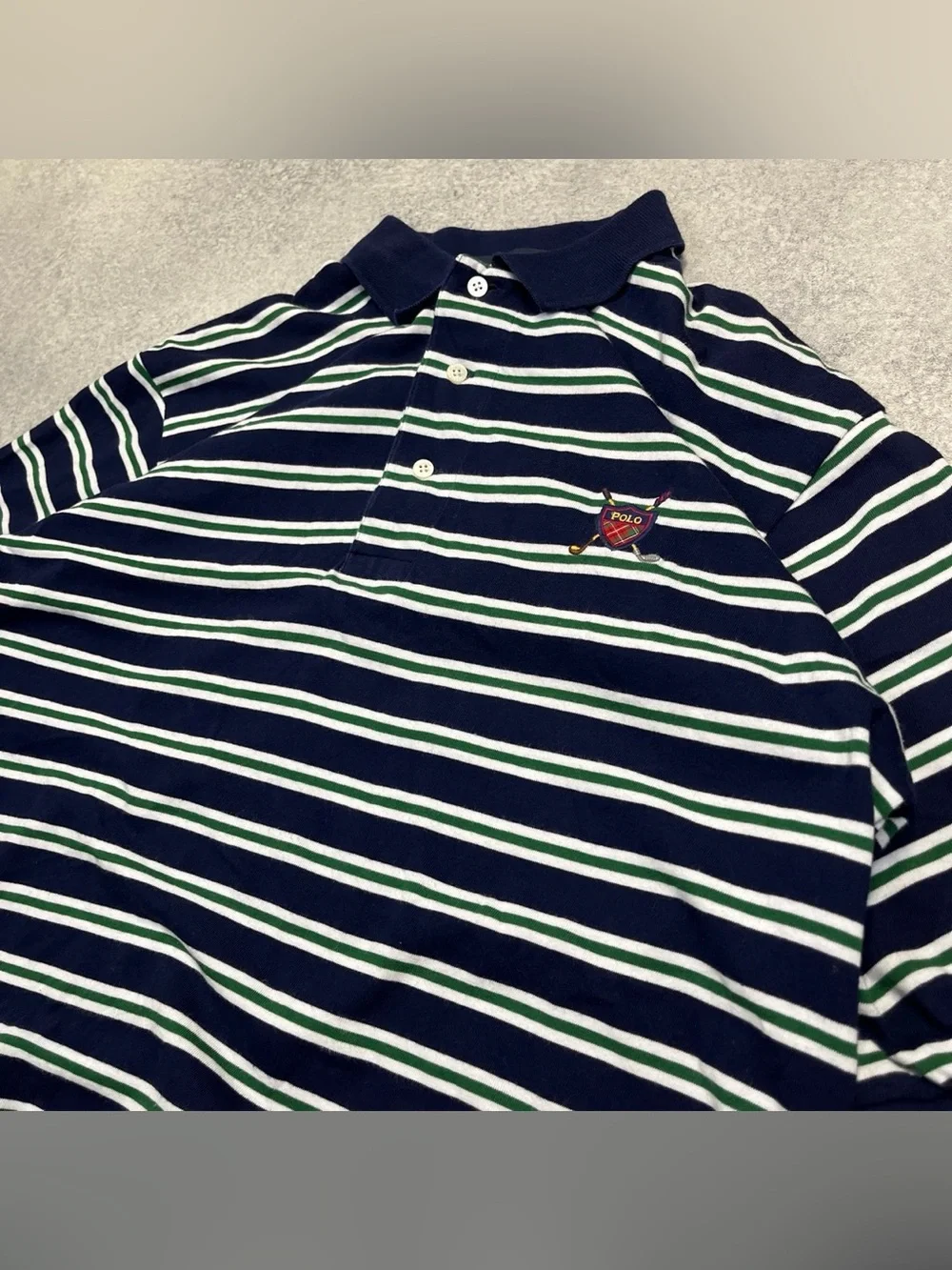 Vintage Polo Golf Ralph Lauren Navy Blue Green White Stripes Short Sleeve Shirt